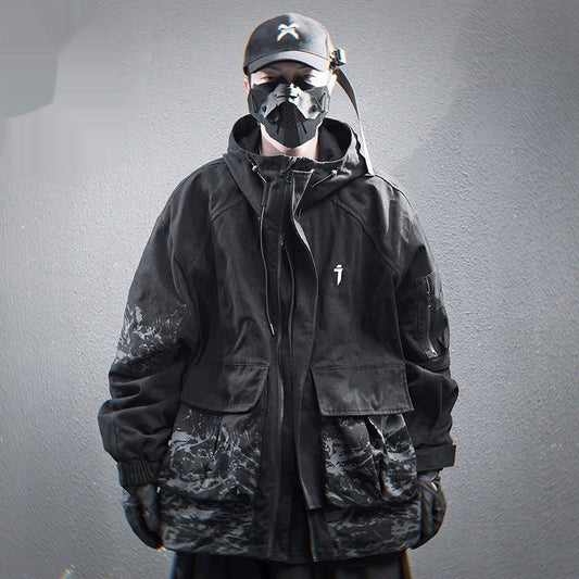 Large Pocket Inkjet Printing Hooded Jacket Men's Coat