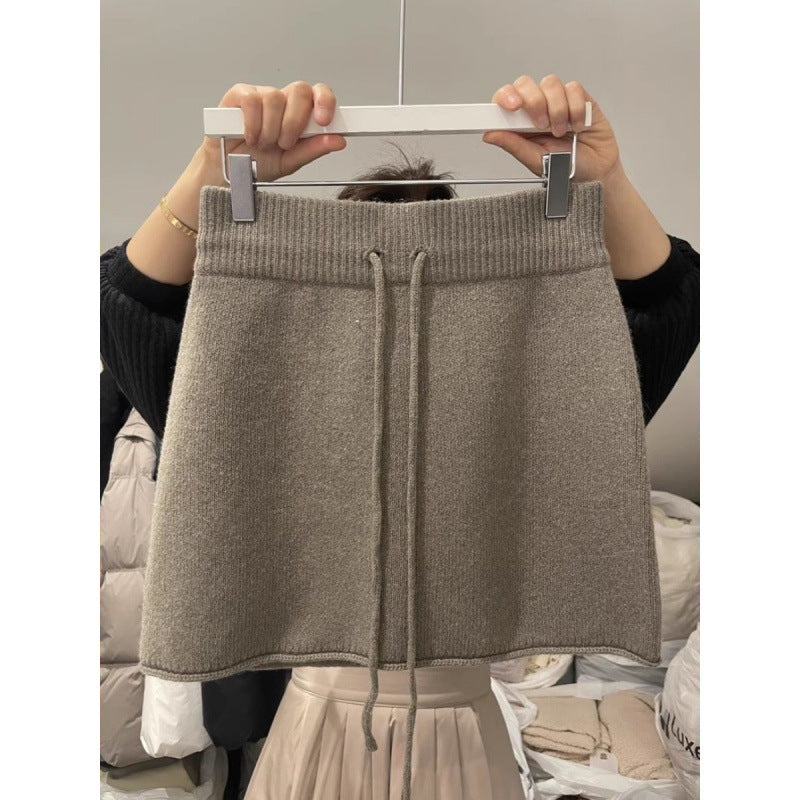 Western Style Elastic Waistband Lace-up Knitted Skirt