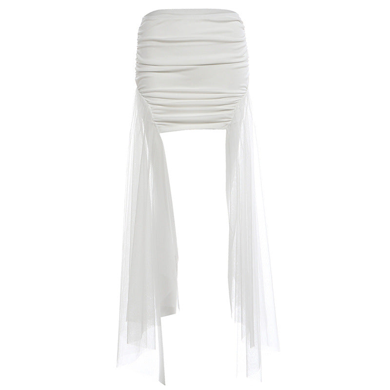 Mesh Long-sleeve Tube Top With Waist-cinching Design Slim-fit Skirt For Women