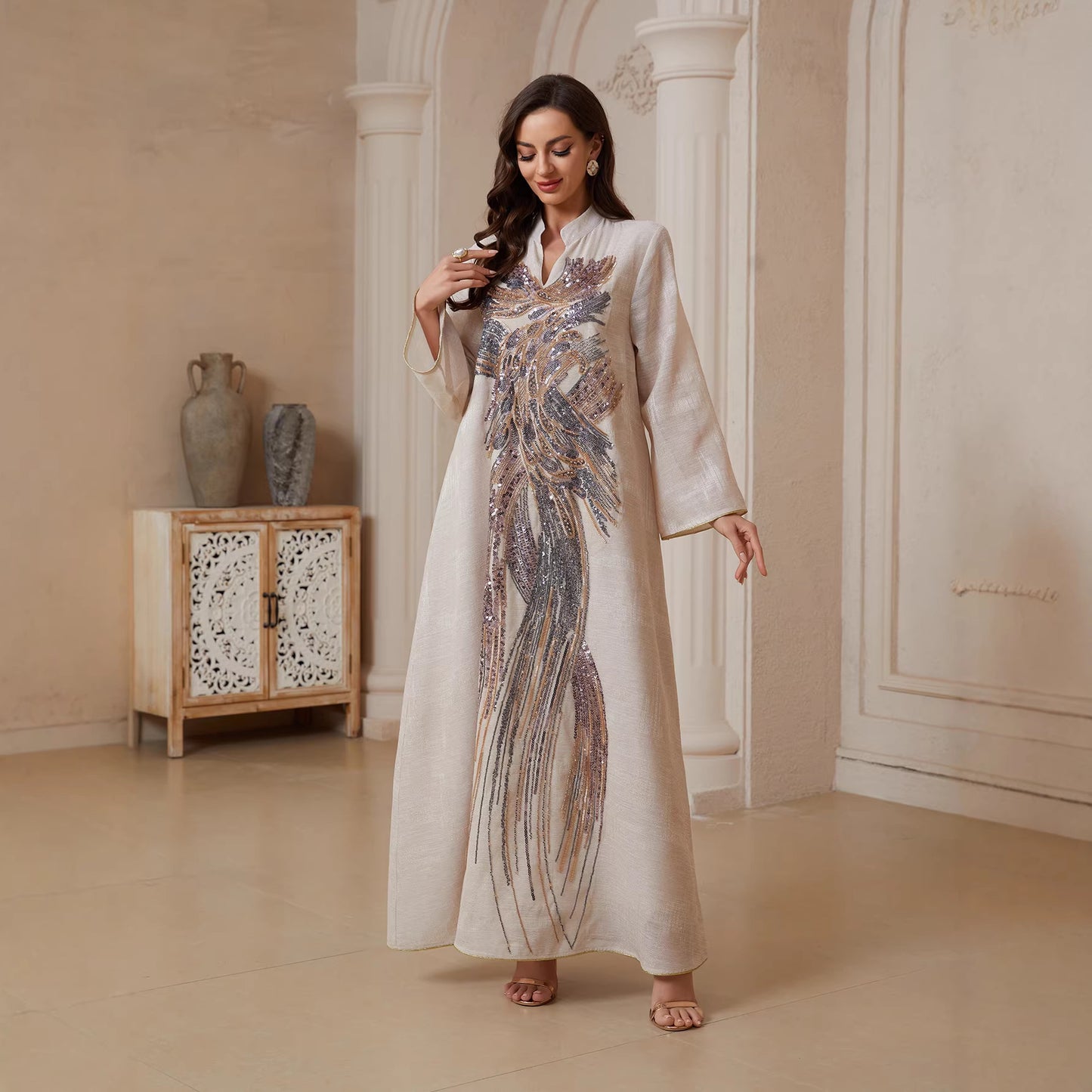 Muslim Womens Dress Made Of Mesh Fabric With Sequins