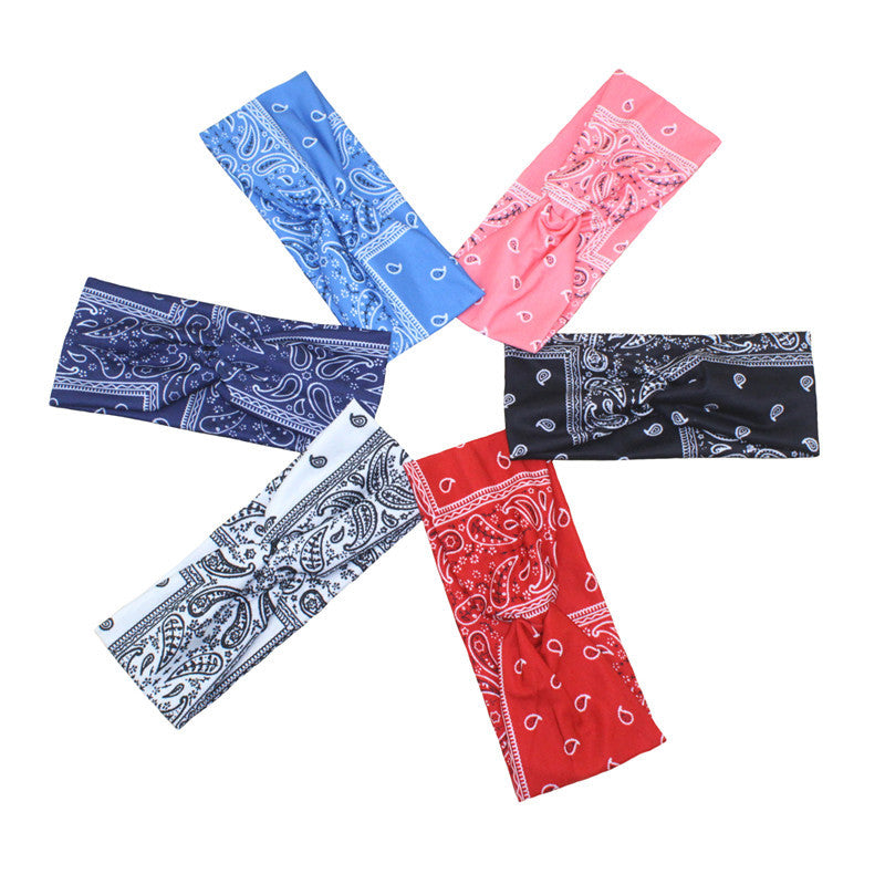Printed Sports Headband Elastic Knotted Cross Hair Band Paisley Turban