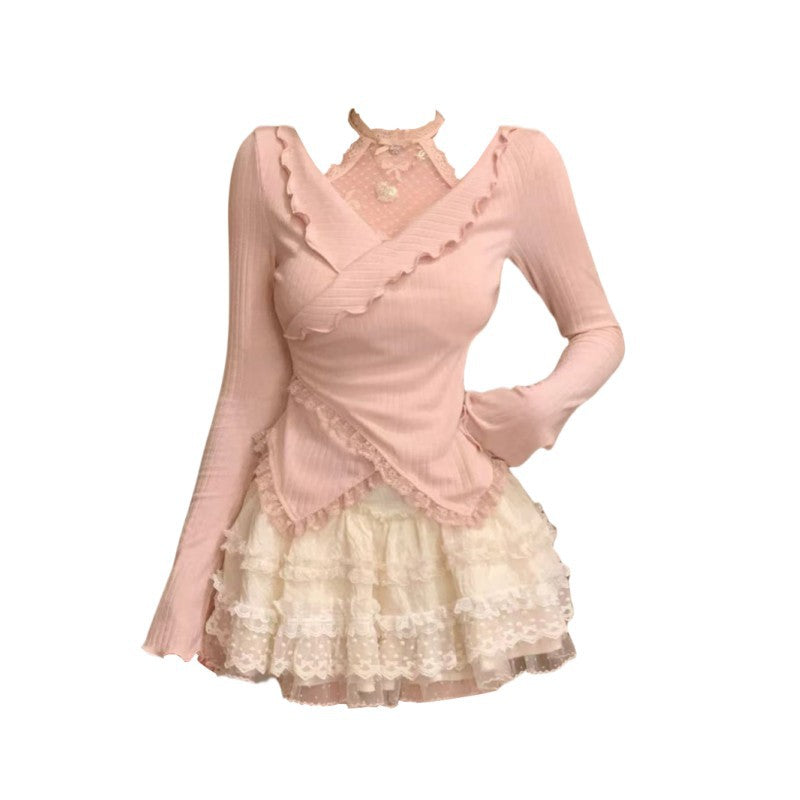 Womens Two Piece Set Asymmetrical Top Lace Skirt