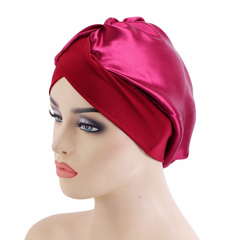Solid Color Cross-Brim Satin Nightcap Hair Care Hat