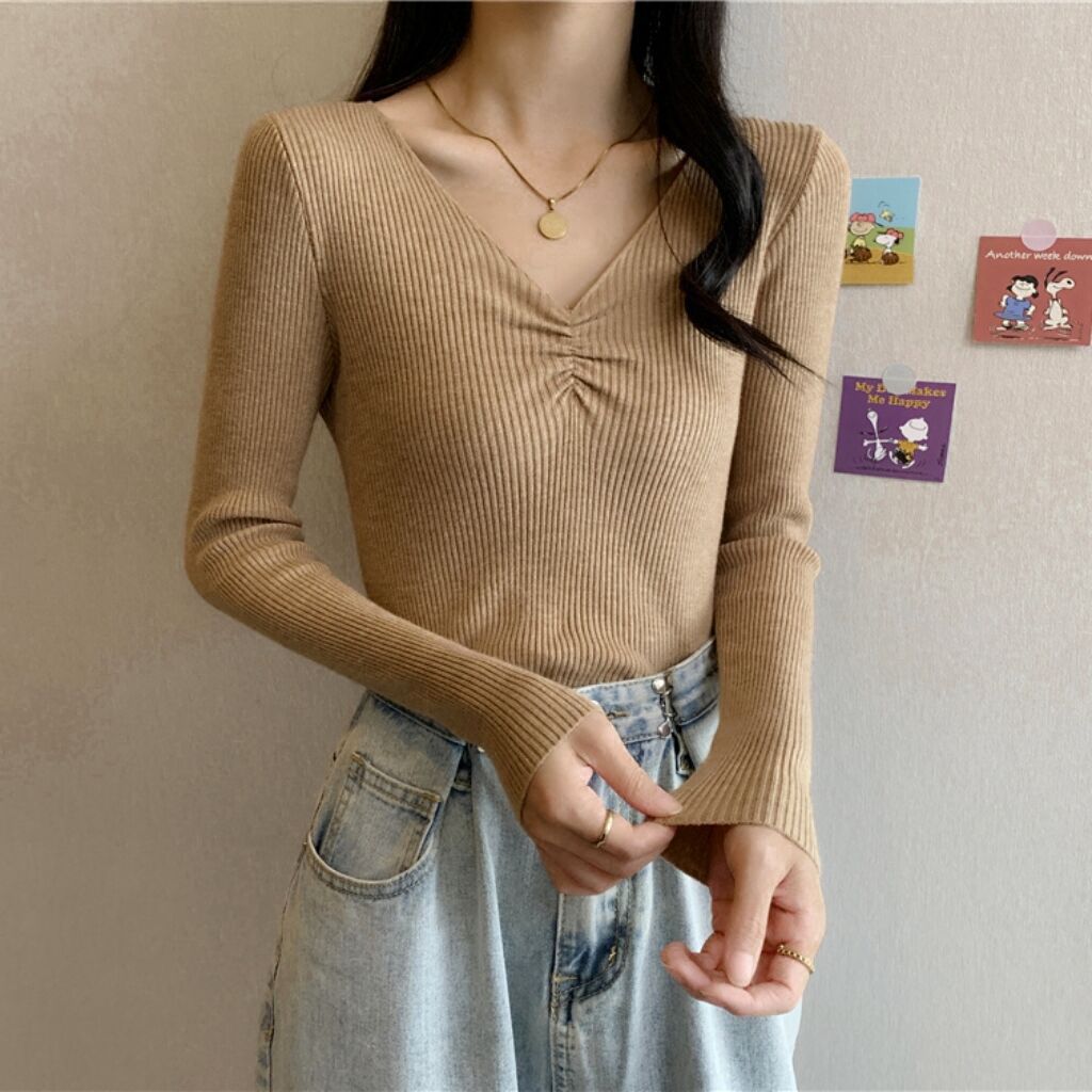 Pleated V-neck Knitted Bottoming Shirt Long Sleeve Sweater