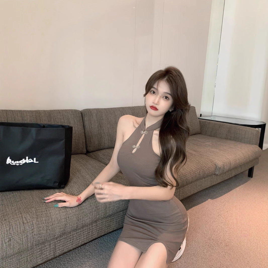 Womens Solid-Color Retro Off-the-Shoulder Slit Bodycon Skirt