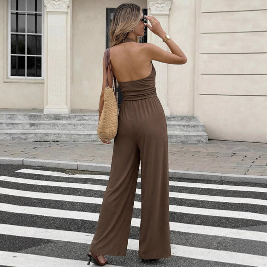 Sleeveless Halterneck Textured Collar Open-Back Jumpsuit