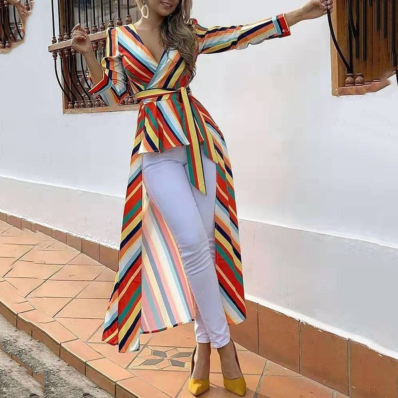Rainbow Stripes Deep V-neck Slim-fit Front Short Back Large Coat