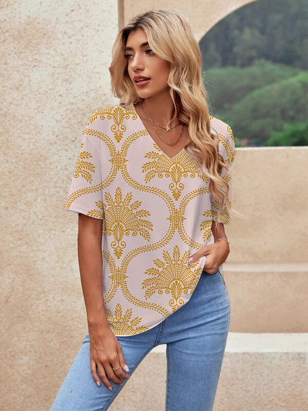 Printed Short Sleeve Urban Loose Casual Women's V Neck T Shirt