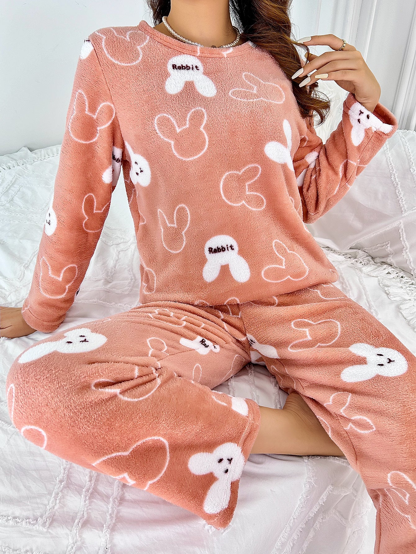 Womens Flannel Cartoon Rabbit-Print Long-Sleeve Pajama Set With Long Pants