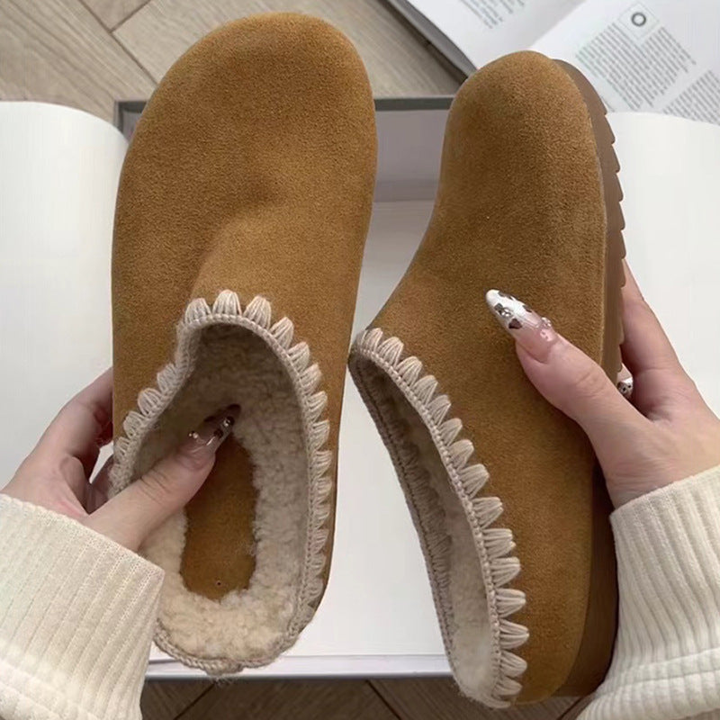 Women's Casual Fleece-lined Platform Fur Closed-toe Slippers