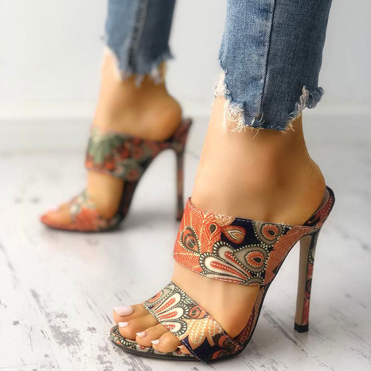 Peacock pattern stiletto sandals and slippers