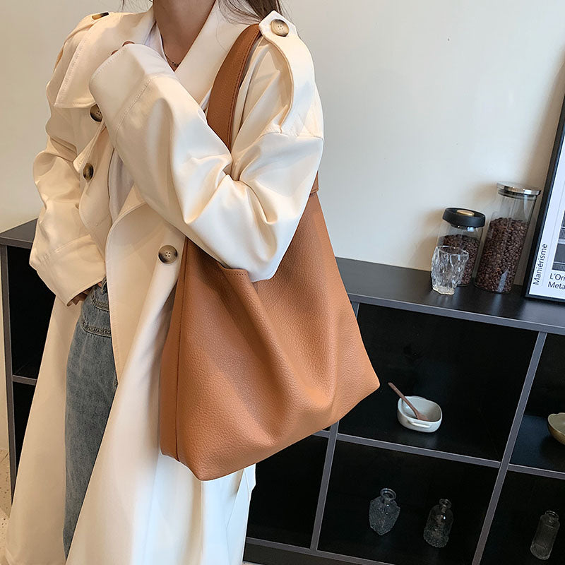 Bucket Shoulder Side Trend Simple Big Handbags PU Leather Totes