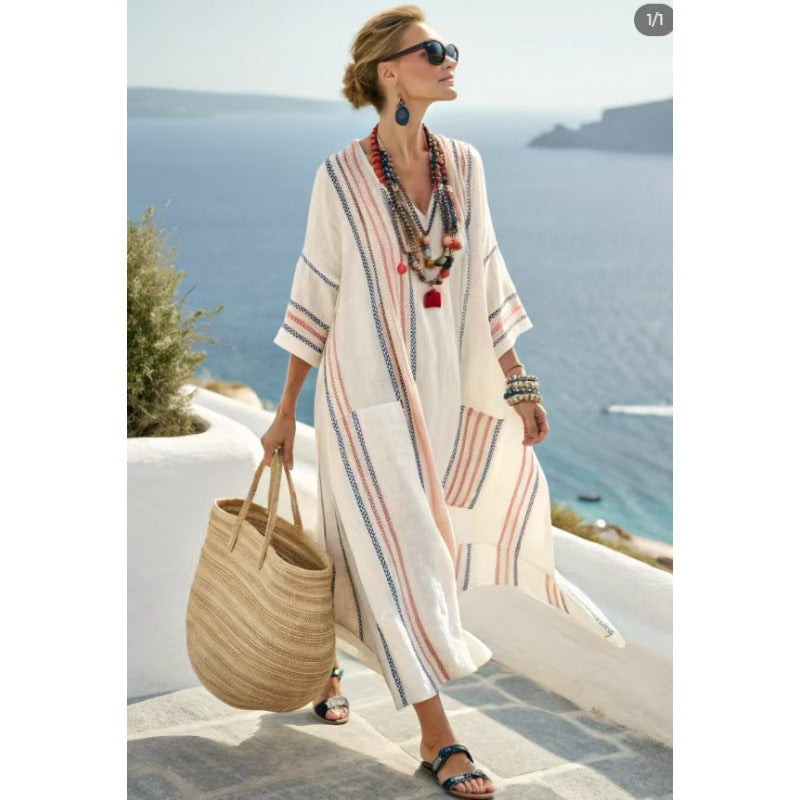 Beach Vacation Long Striped Embroidered Dress