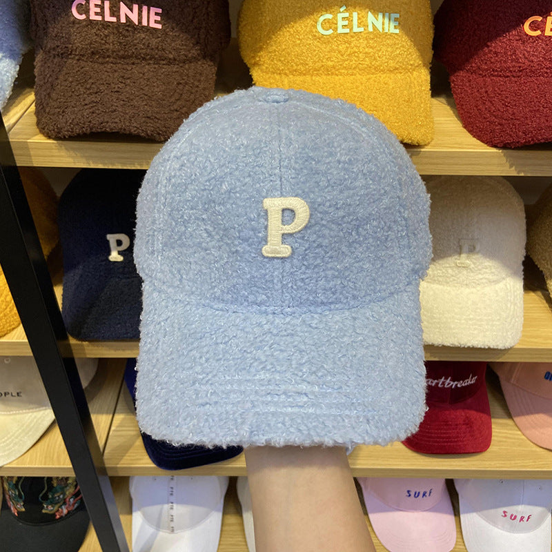 Lamb Hair Letter P Baseball Hat Female
