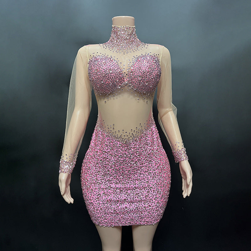 Perspective Gauze Collar Zipper Style Slim Short Dress