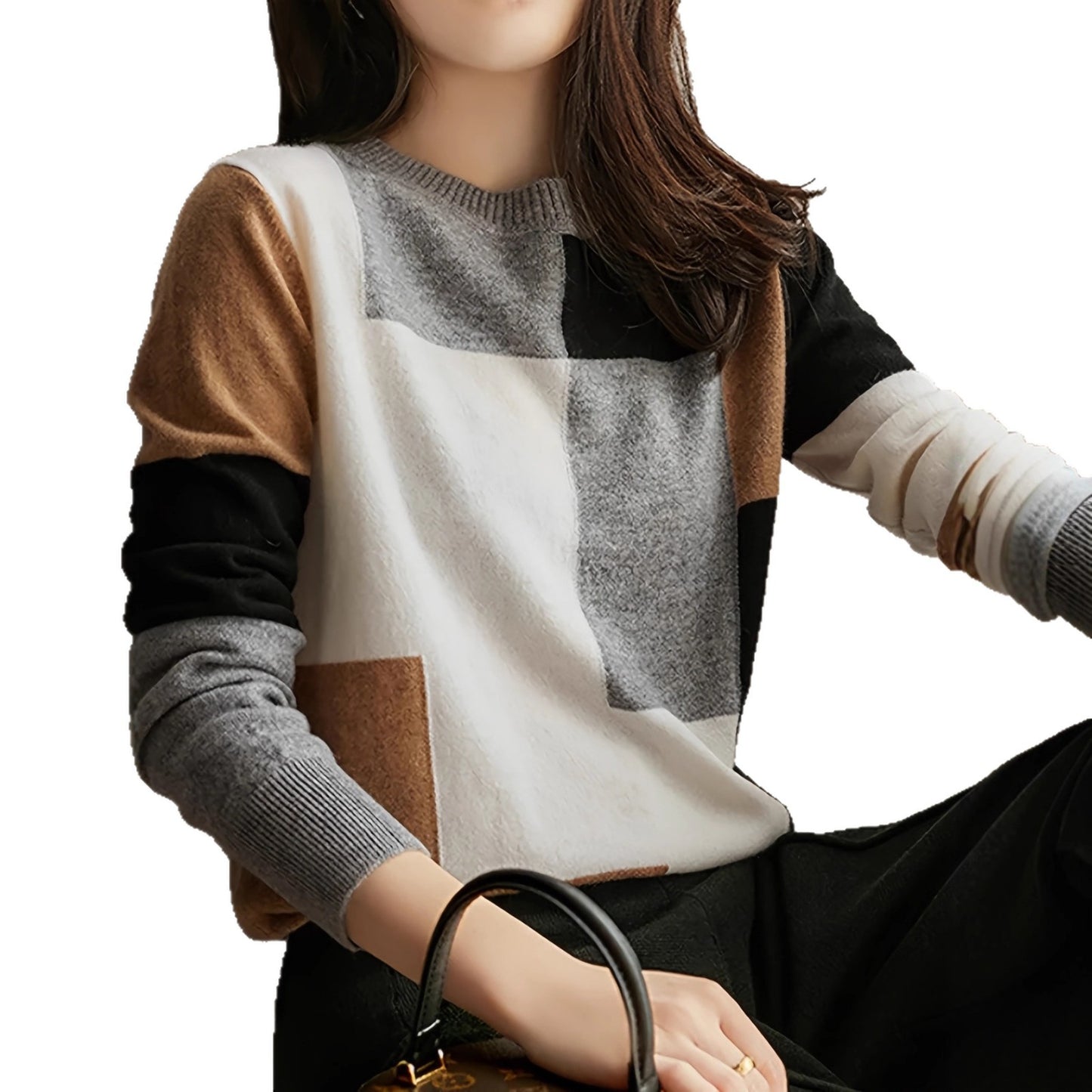 Color Contrast Soft Glutinous Long Sleeve Loose Slimming Women's Knitted Sweater