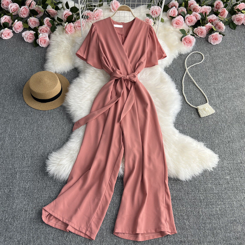 Retro Fashionable Temperament V-neck Short-sleeved Waist Jumpsuit