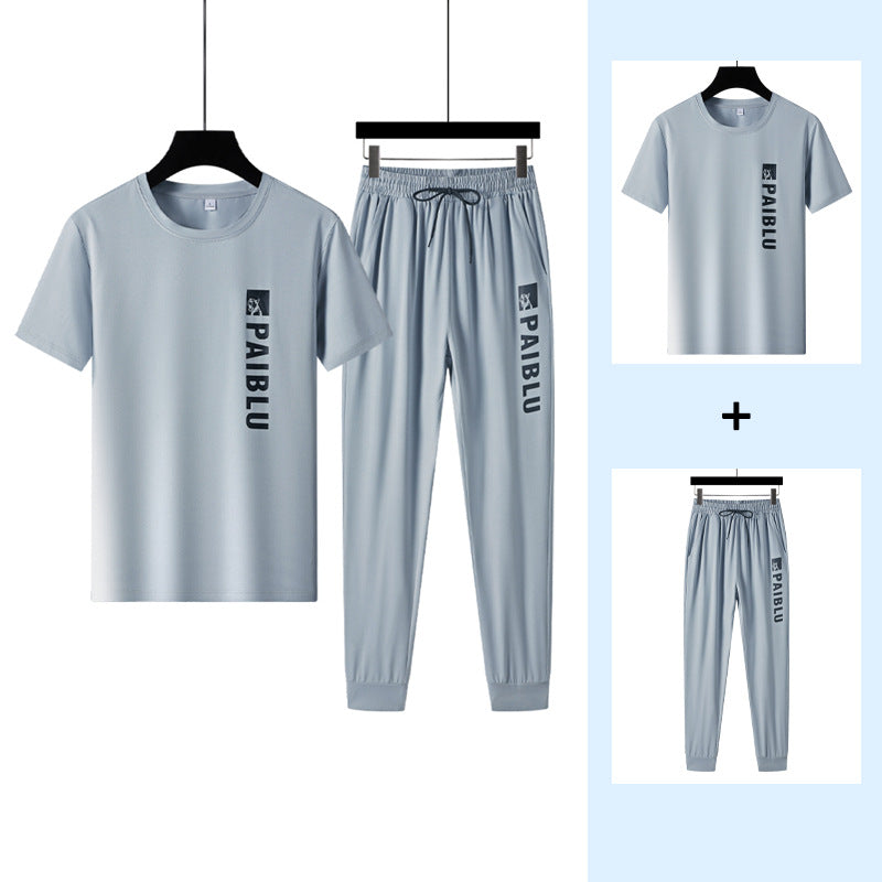 Men's Printed Quick-drying Ice Silk Short Sleeved Pants For Outerwear Sports Suit