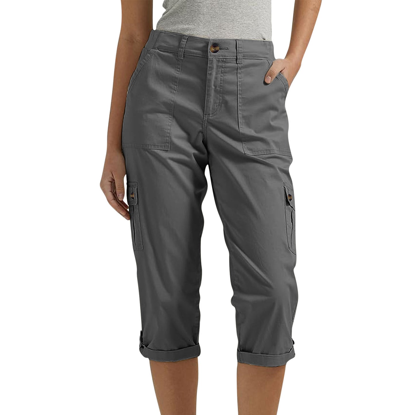 Solid-color Casual Cropped Pants With Multiple Pockets
