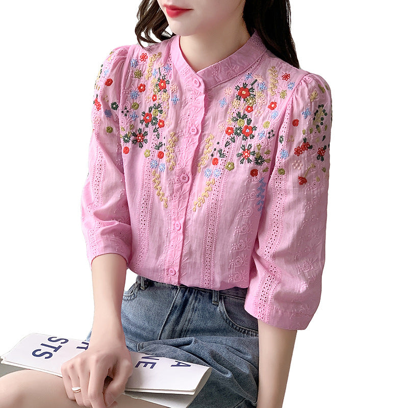 Women's Shirt Vintage Embroidered Jacquard Shirt Fresh Romantic Gentle Stand-up