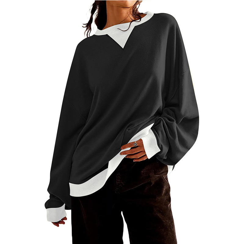 Løs Afslappet Sweater med Kontrastfarve til Kvinder