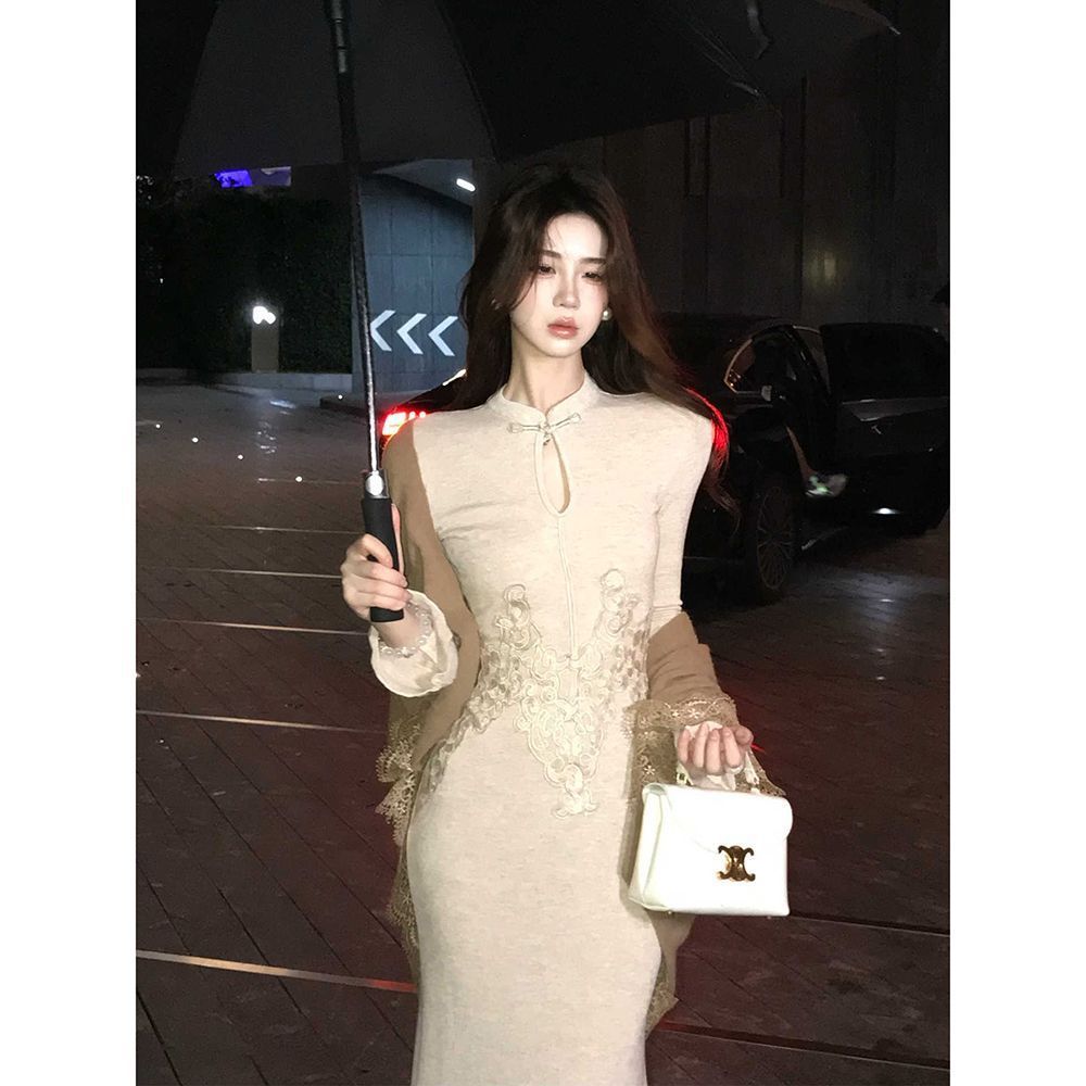 Stand Collar Embroidered Knitted Long Dress Cardigan Coat Women