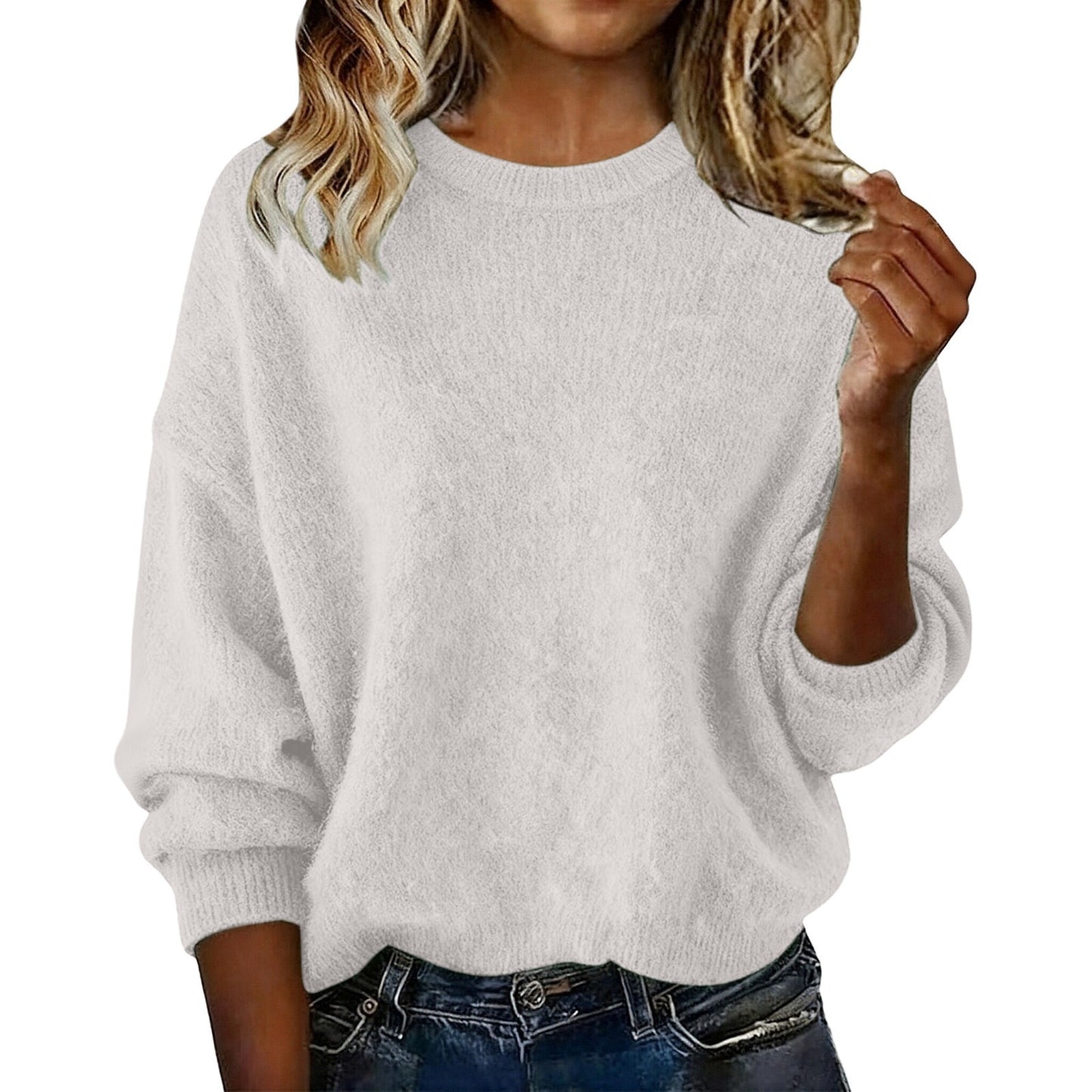 Fashionable Crew-neck Solid-color Sweater