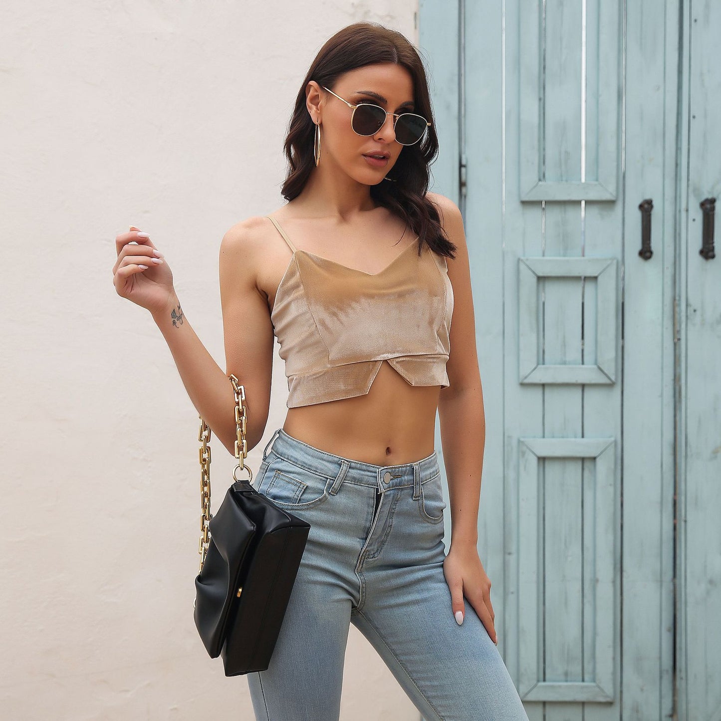 Stylish Womens Velvet V-Neck Slit Camisole