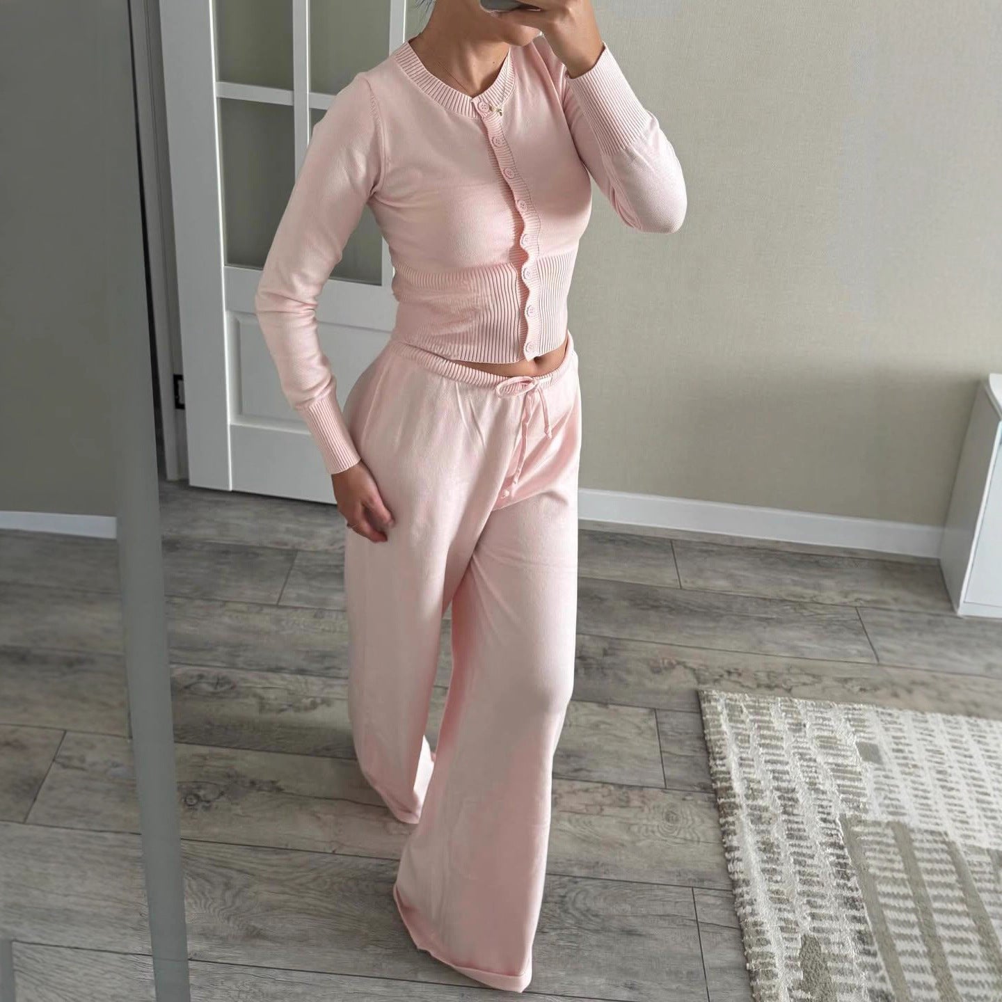 Stylish Summer Cardigan With Buttons Knitted Long-Sleeve Crew-Neck Top And Pants Casual Set