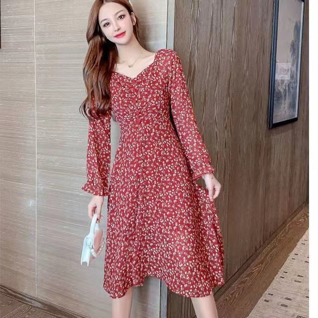 Women's Retro Casual V-Neck Floral Print Long-Sleeve Dress