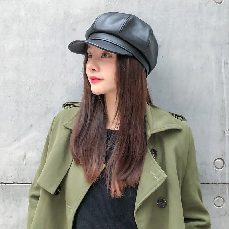 Korean Style Octagon Fashion Ladies Hat Leather Beret