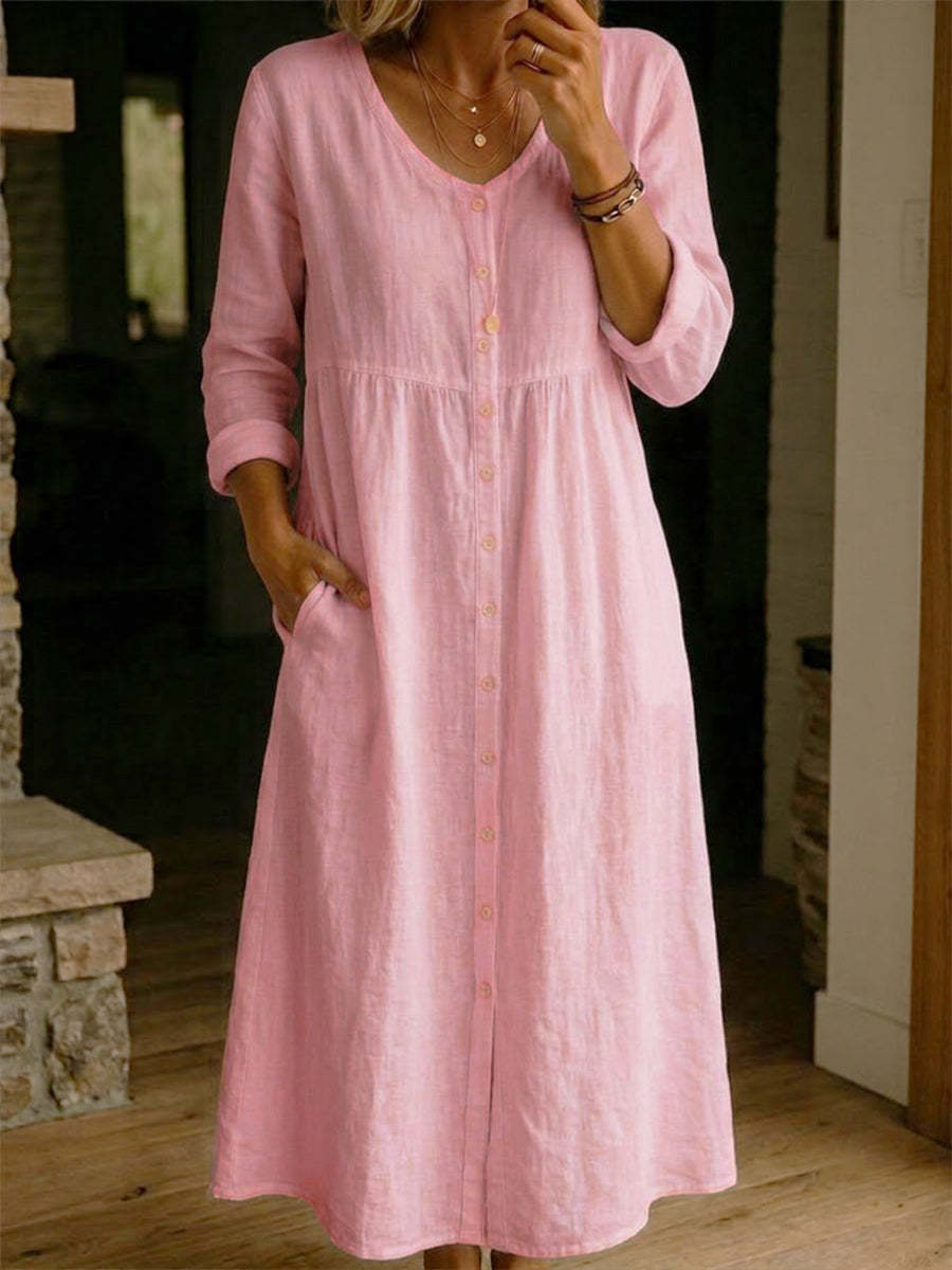 Fashionable Casual Loose Long-Sleeve Cotton-Linen Button-Up Womens Long Dress