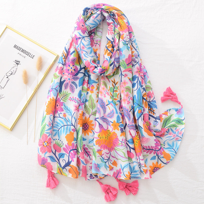 Blue And White Tie-dyed Cotton And Linen Feel Scarf Retro Artistic Travel Sun Protection Shawl