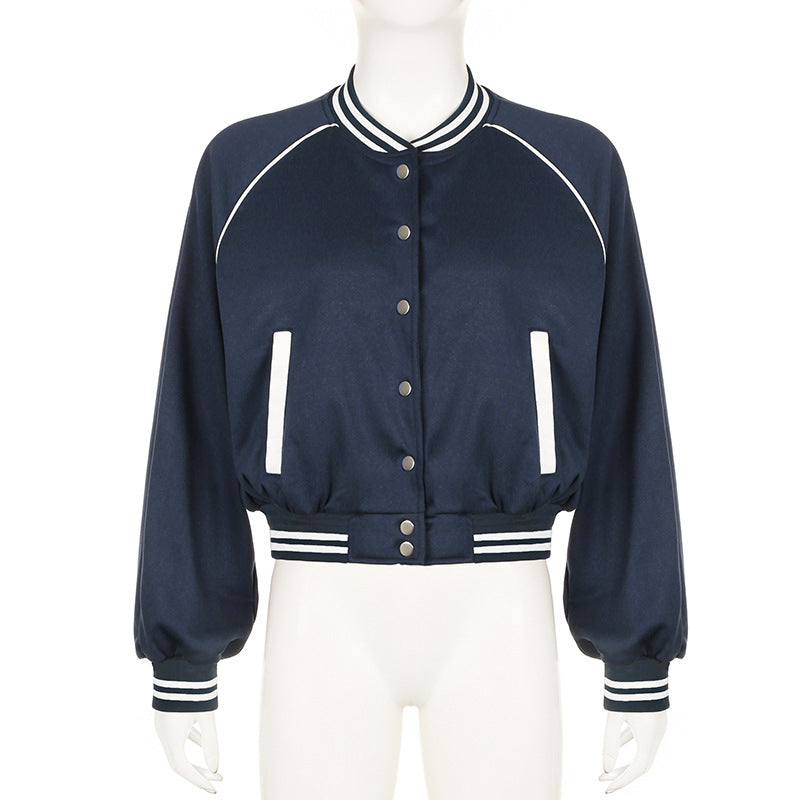 American Retro College Style Color Contrast Patchwork Stand Collar Breasted Baseball Uniform