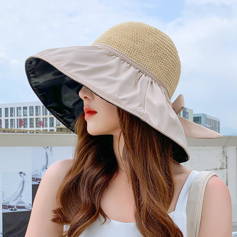 Black Glue Bow Wispy Empty Cycling Big Brim Face Sun Protection Hat