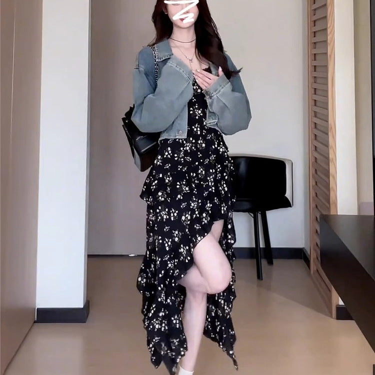 Black Floral Slip Dress Asymmetrical Midi Skirt