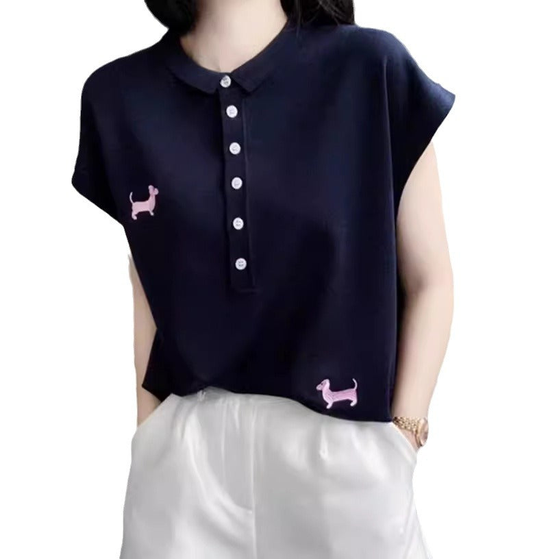 Half-button Small Lapel Ice Silk Knitted Embroidered Striped Vest Top