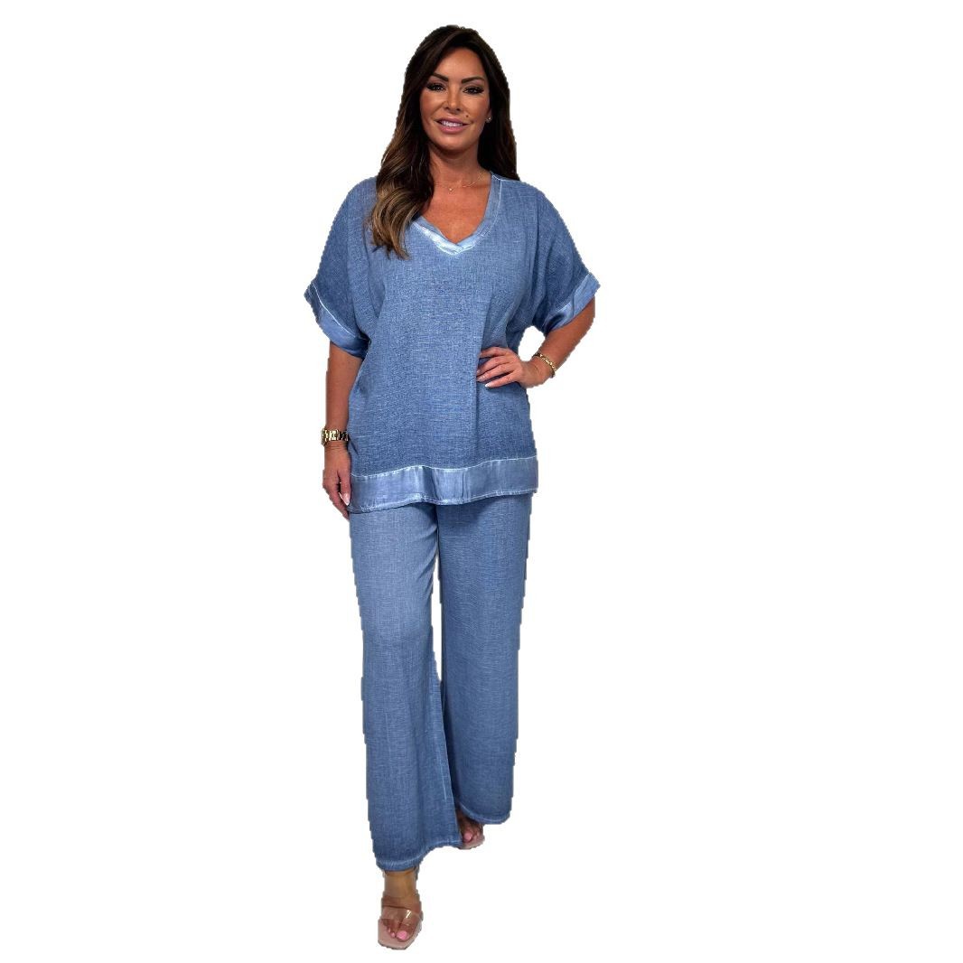 Womens Fashionable Casual Plus-Size Set With Trimmed V-Neck Top And Pants