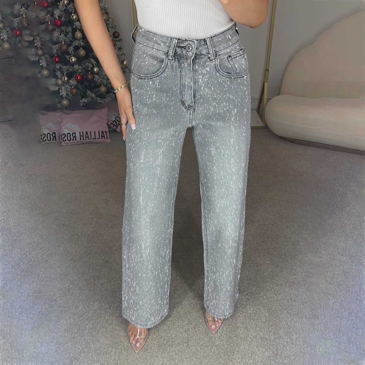 Rhinestone XINGX Pendant Design High Waist Trousers