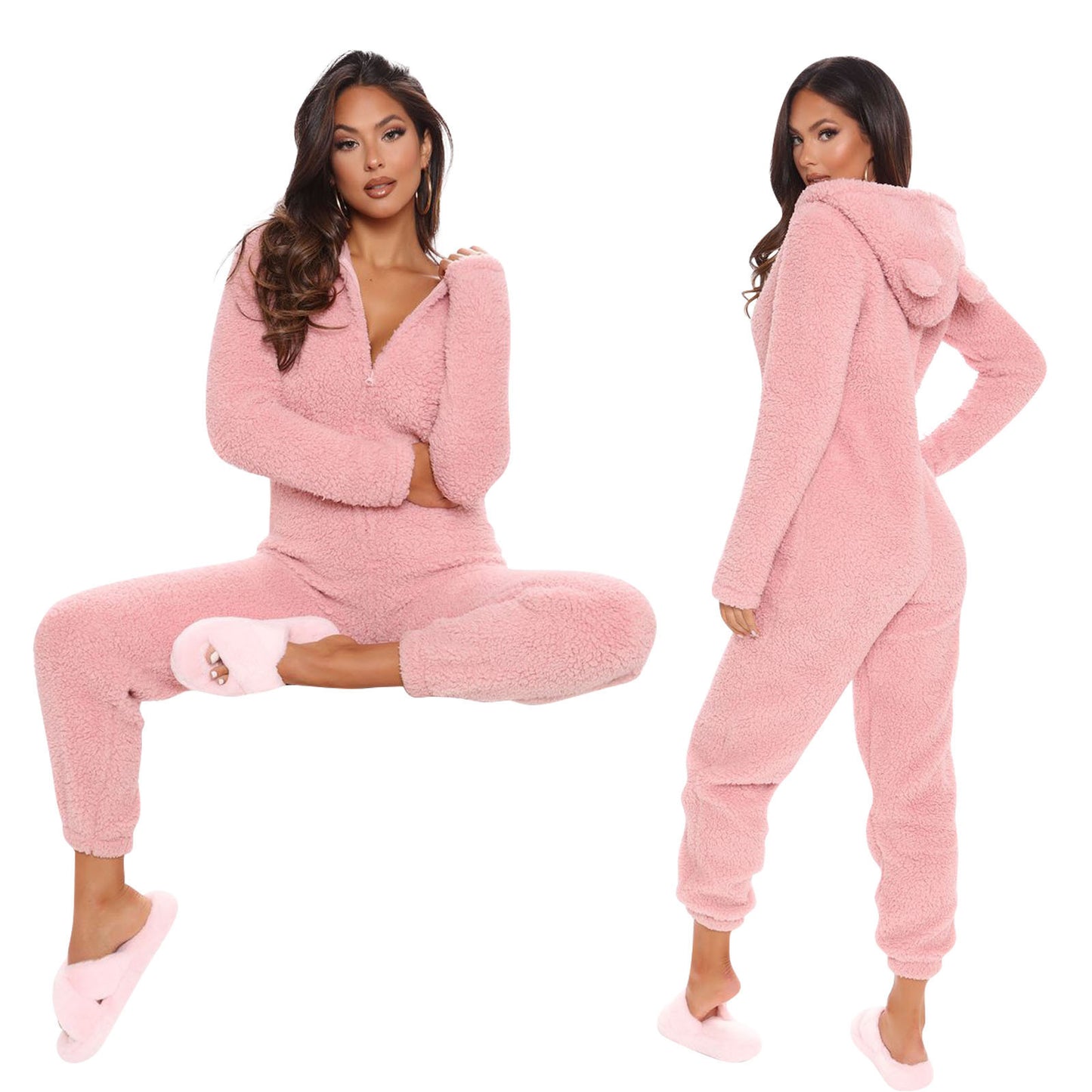 New Autumn And Winter Long Sleeve Hooded Casual Jumpsuit Trousers Plush Homewear Pajamas Cute Jumpsuit
