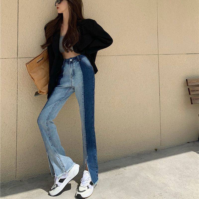 Women's Loose And Thin High-waist Stitching Split Straight-leg Jeans