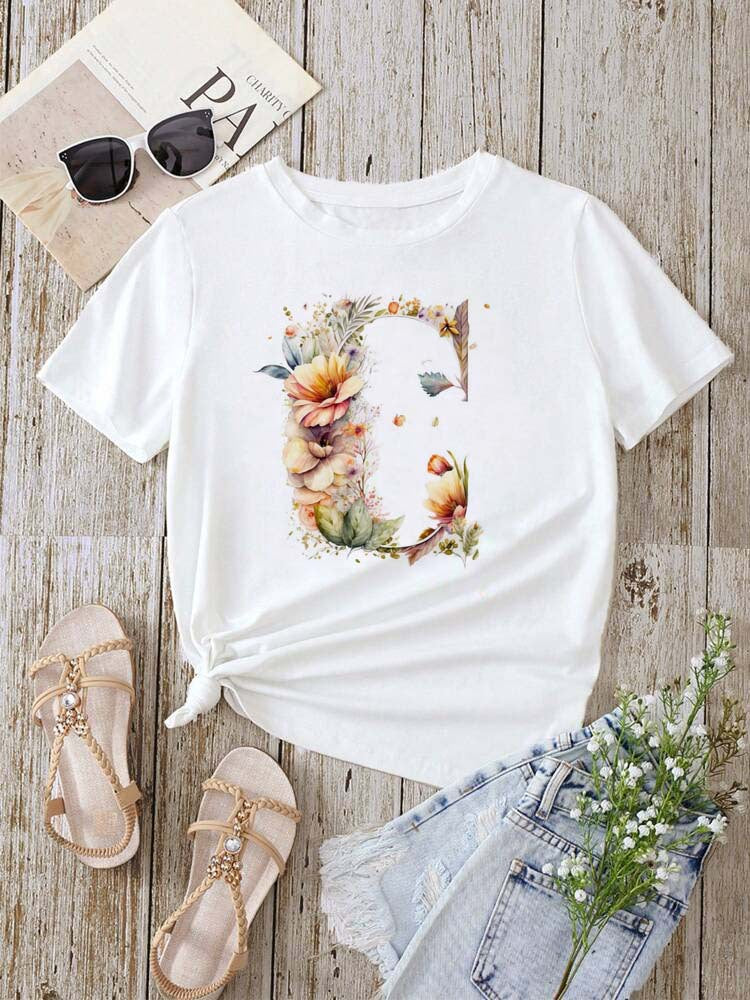 Stylish Womens T-shirt Featuring A Floral Letter Font With The First Letter Of Your Name Short-sleeve Top In White