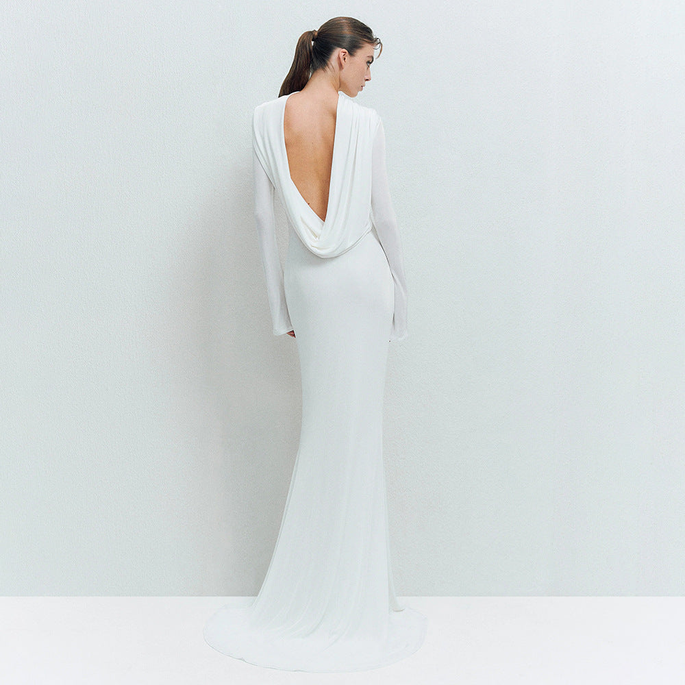 Simple Solid-Color Scoop Neck Backless Pleated Bodycon Long-Sleeve Dress