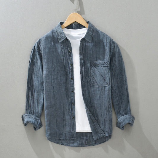 Pleated Lapel Long Linen Sleeves Retro Solid Color Casual Loose Youth Cotton Linen Shirt