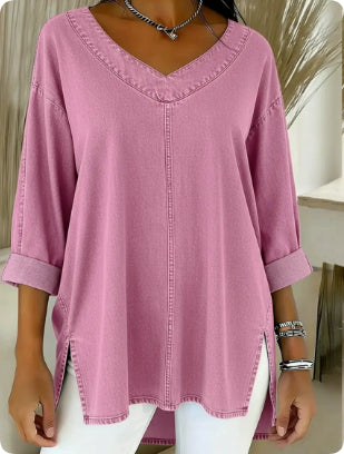Female Solid Color Casual Street-Style Denim V-Neck Top