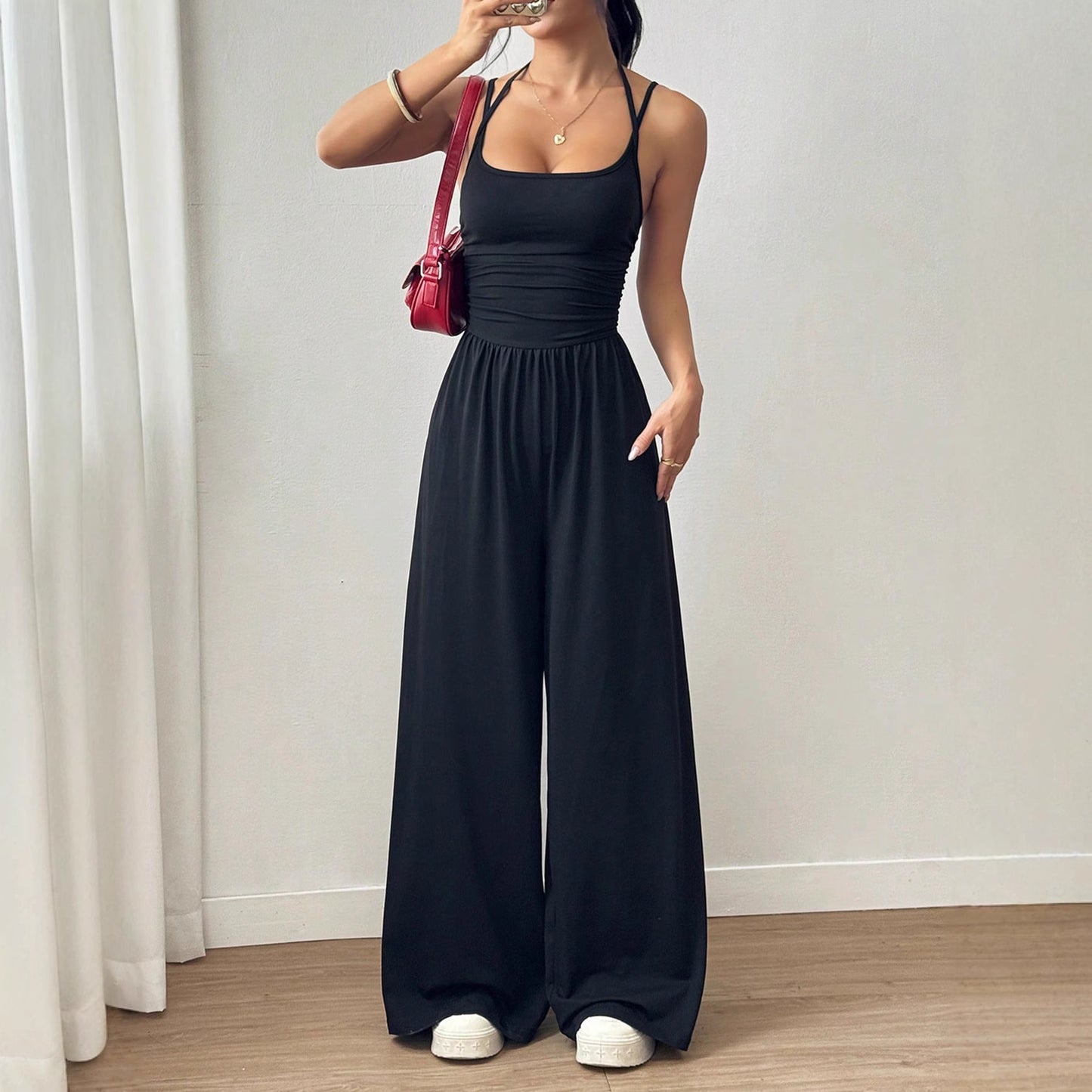 Sort Camisole Jumpsuit med Brede Ben