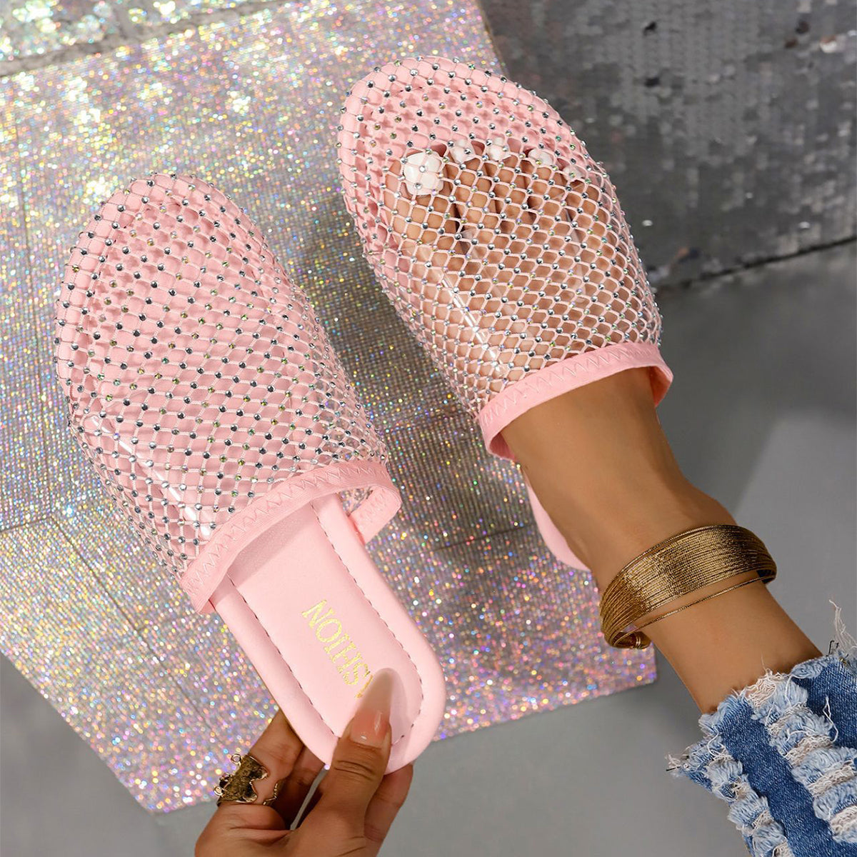 Hule Gennemsigtige Sandaler Med Rhinestones Sommer Mode Udendørs Hjemmesko Flade Sko Til Kvinder