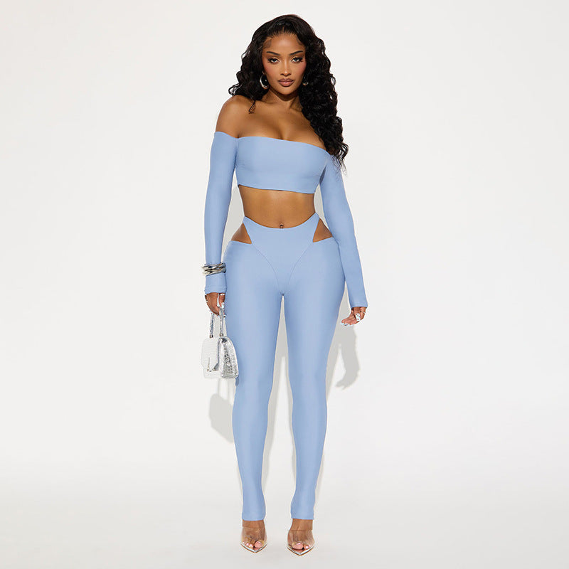 Spicy Girl Off-shoulder Long-sleeve Crop Top And Hollow-out Tight Pants Set