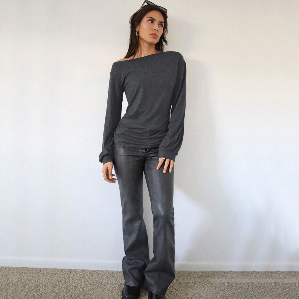 Women's Casual Fashion Trend T-Shirt AutumnWinter Stylish Versatile Loose Slim-Fit Diagonal Collar Top