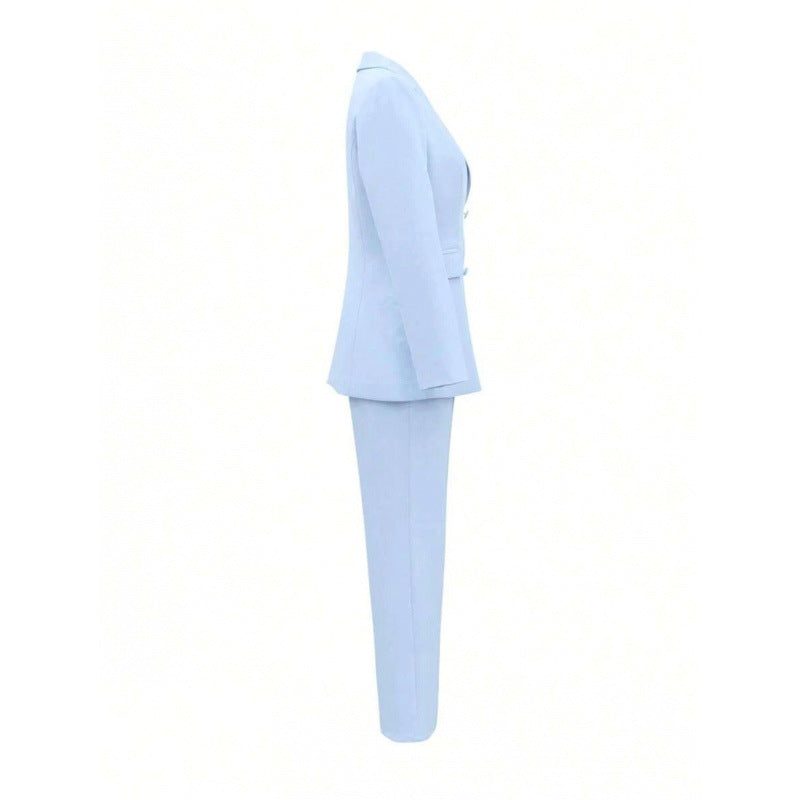 Autumn Solid Color Notched Lapel Double Breasted Pocket Set